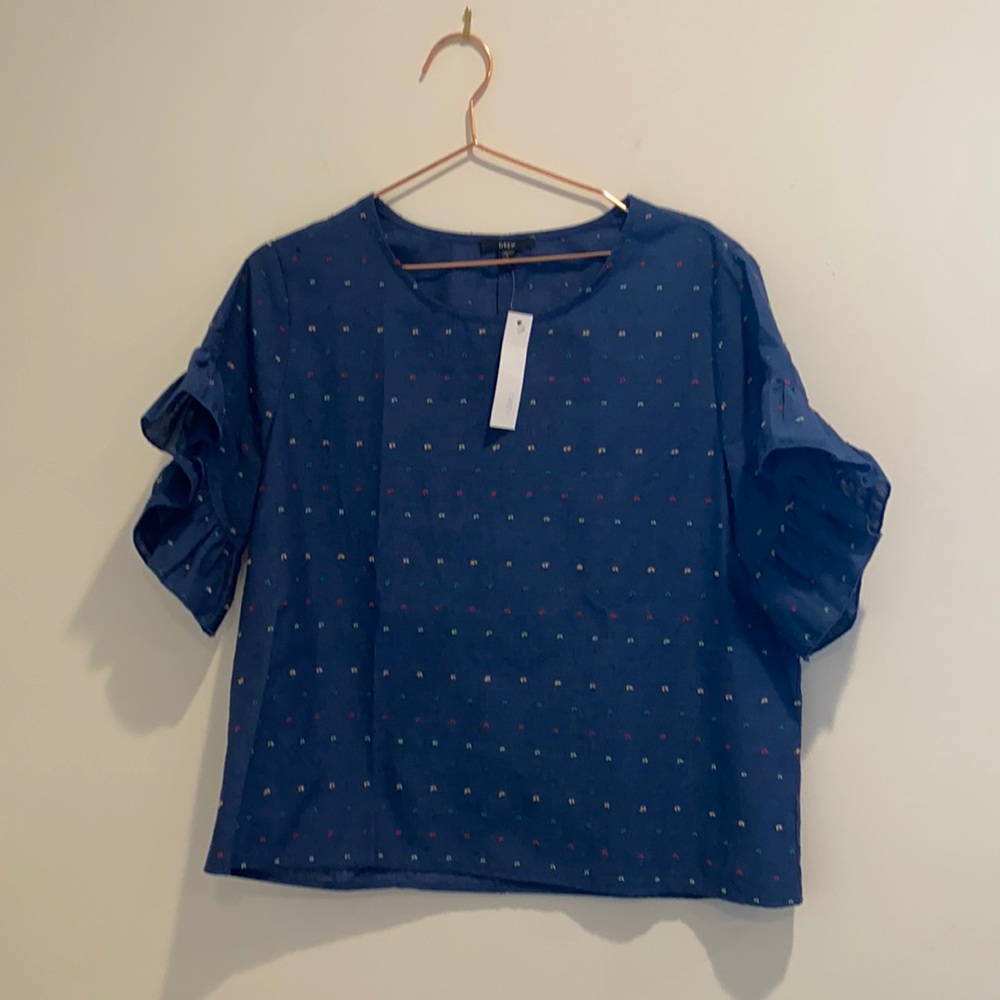 NWT Drew Navy Blue Top Embroidered L
